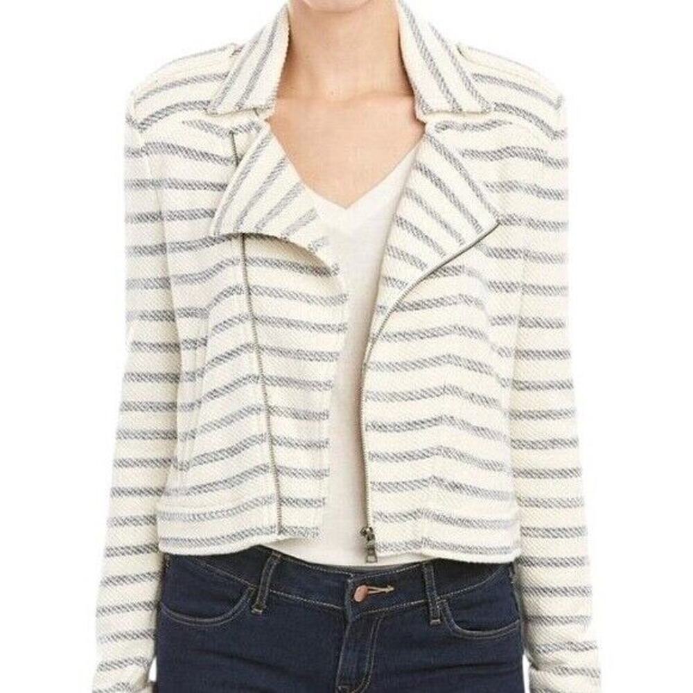 BCBGMAXAZRIA Levi Striped Asymmetrical Zip Cropped Moto Jacket FLAW White XS